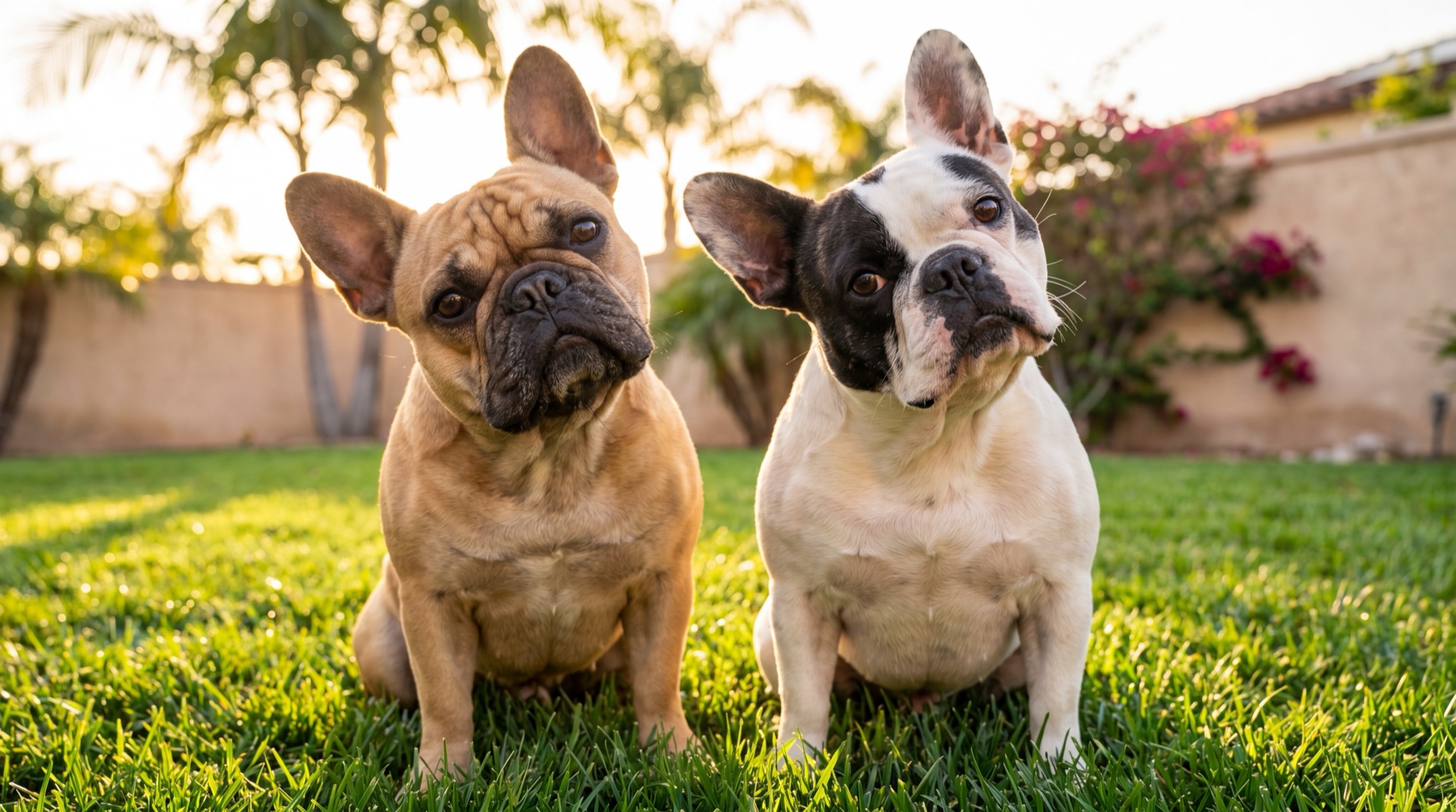 Two adorable French bulldogs in a San Diego backyard